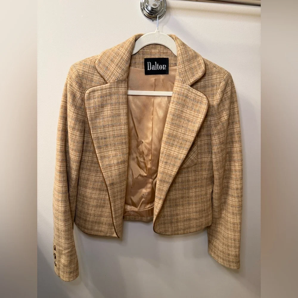Vintage Y2K Cropped Plaid Wool-Blend Blazer Genuine Leather Trim – Sz 10 - Picture 1 of 4
